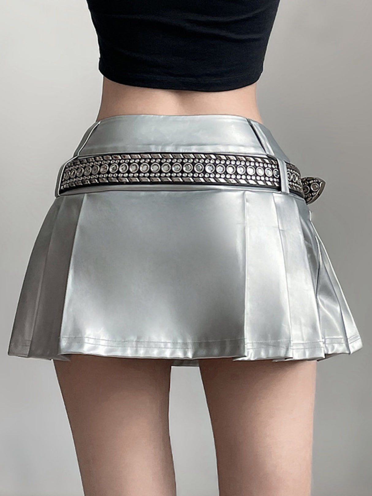 PU High-waisted No Belt Pleated Skirt