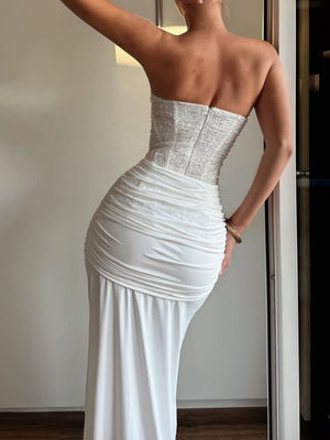 Sequins Tube Top Splicing Bandage Formal Dress Maxi Dresses