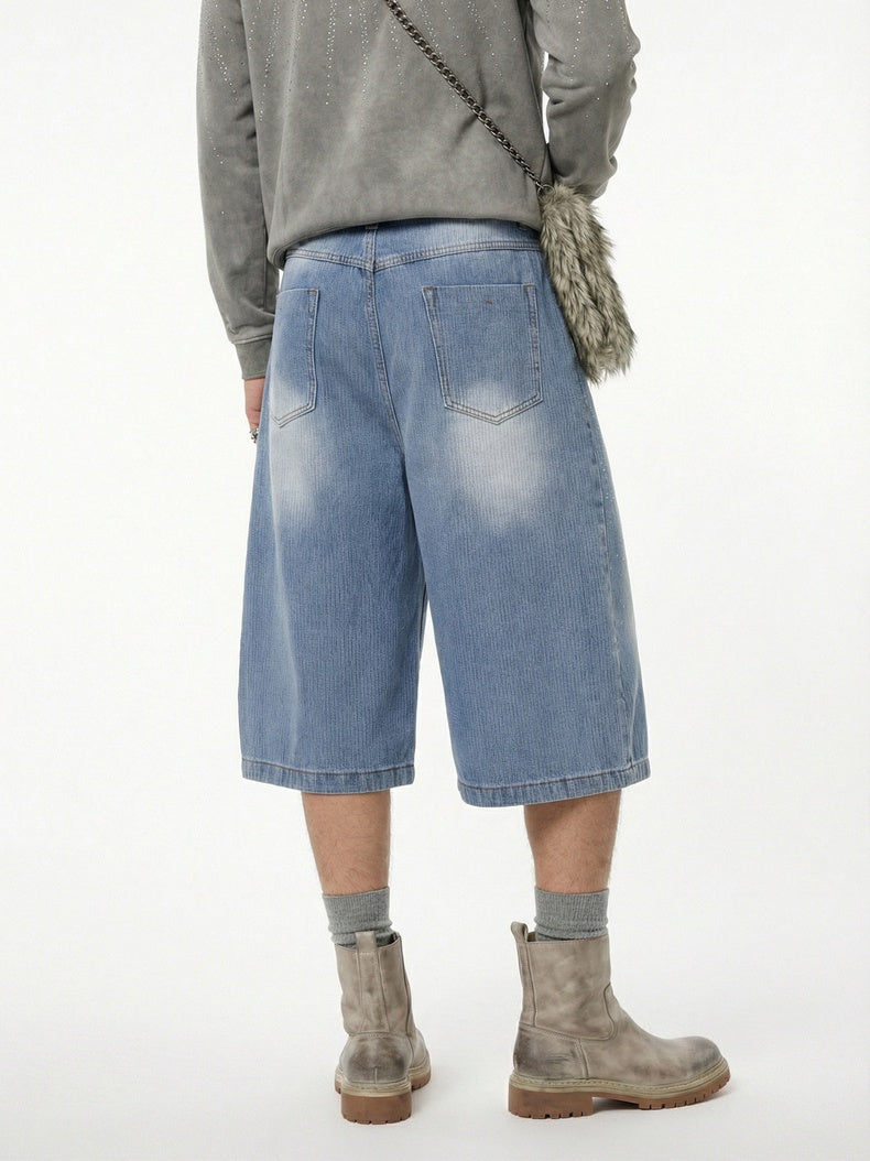 Light Blue Scattered Diamonds Washed Distressed Denim 7 Points Shorts