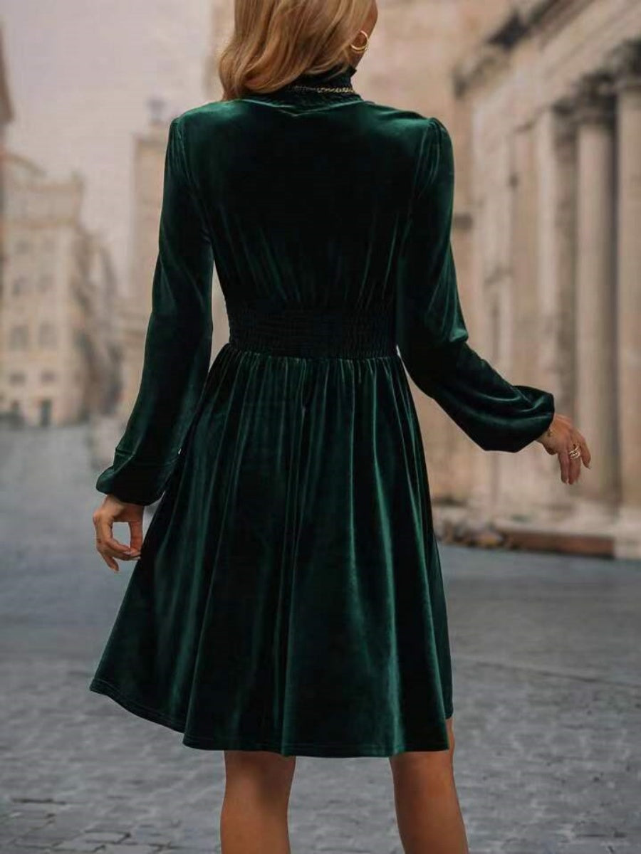 High Collar Gold Velvet Puff Sleeve Hit Long-sleeved Short Dress