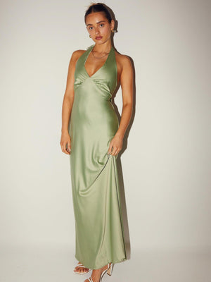 Satin V-neck Halter Neck Backless Strappy Maxi Dresses