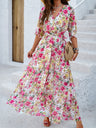 Printed Straps V-neck Short Sleeve Slit Maxi Dresses