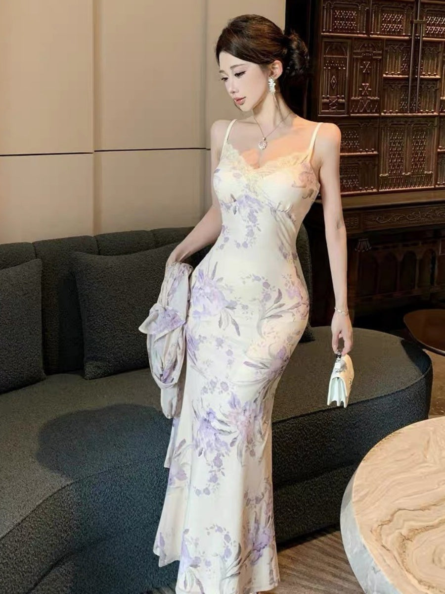 [Slip Dress + Floral Cardigan] Sexy Two-Piece Set With Printed V-Neck Lace Trim And Slim Fit