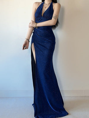 Halter Neck Backless V-neck Fine Flash Waist Corset Pleats Slit Dinner Party Long Dress