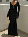 V-neck Round Button Long-sleeved Vacation Maxi Dress/beach Wear