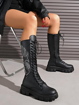 Lace-up Zippered Knee-high Platform Embroidered Vintage Women's Boots