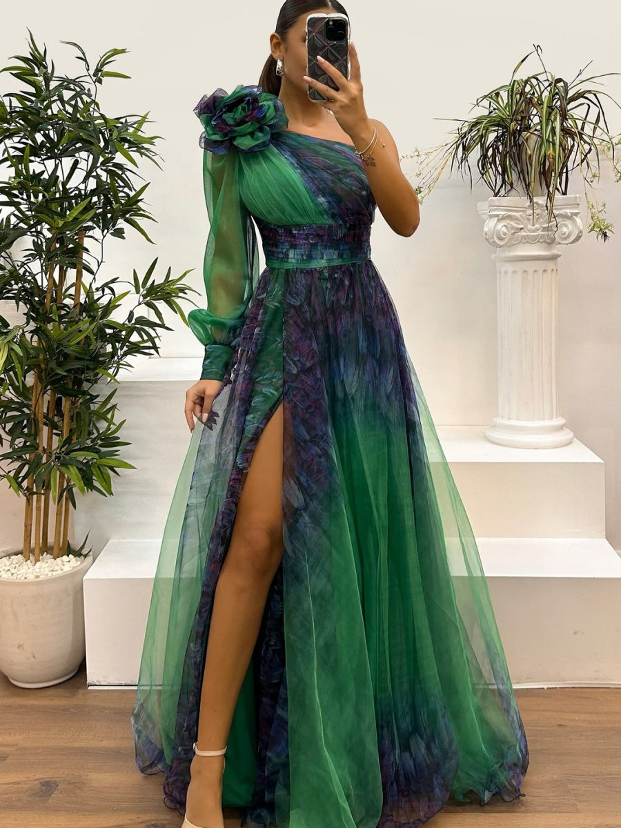 Sloping Shoulders Mesh Printed Reunion Maxi Dresses