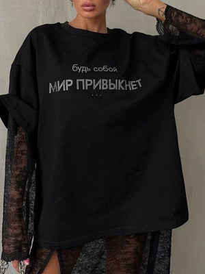 Liber Autumn women's printed ovserzie hot diamond pullover T-shirt