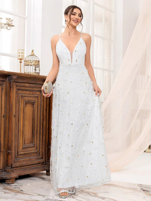 Deep V-neck Wedding Dress Applique Multi-story Maxi Dresses
