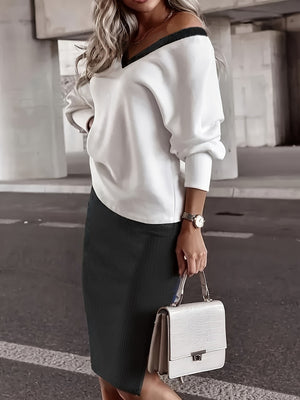 Loose-fit V-neck Sweatshirts&Hoodies Hip-hugging Slit Skirt Set 2-piece Sets