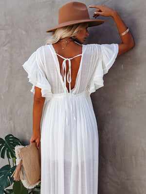 Bamboo-joint Fabric Button Waist Rope Long Cardigan Vacation Beach Jacket Sun Protection Long Skirt Bikini Cover-up
