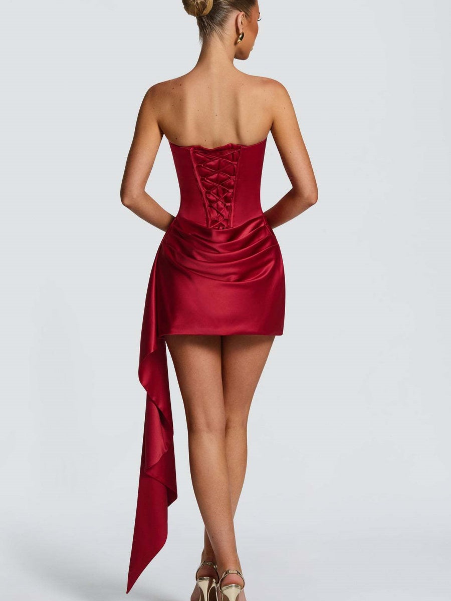 Satin Halter Tube Top Fish Bones Ribbon Formal Dress Mini&Short Dresses