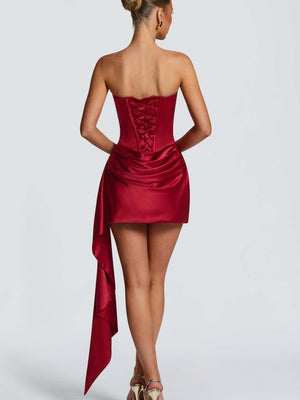 Satin Halter Tube Top Fish Bones Ribbon Formal Dress Mini&Short Dresses