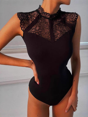 Lace Splicing Sleeveless Mock Neck Jumpsuits&Bodysuits