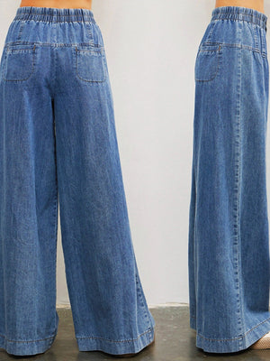 Straight-leg Pants, Water Wash Wide-leg Pants Elastic Waist Jeans