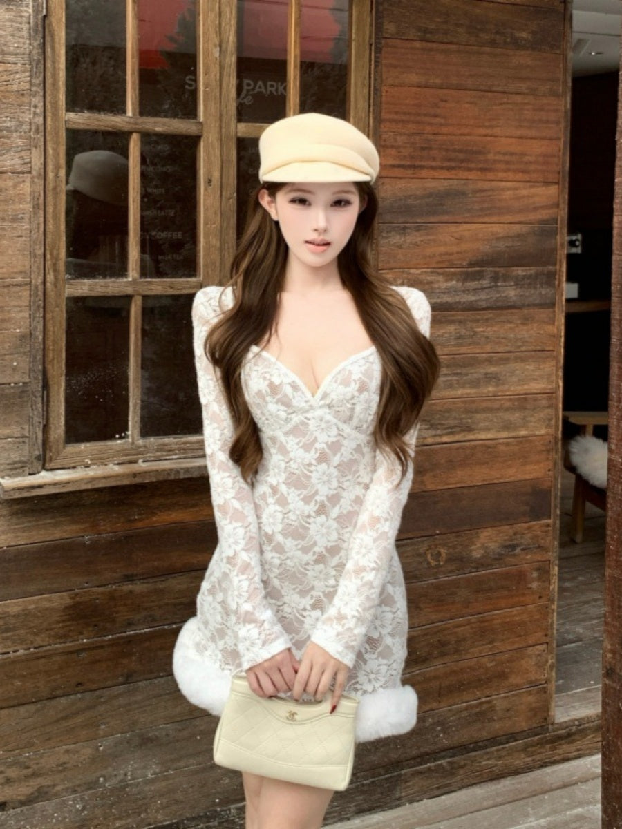 Pure And Sweet, Spicy Lace-trimmed, Fringed, Fitted Waist Short Dress