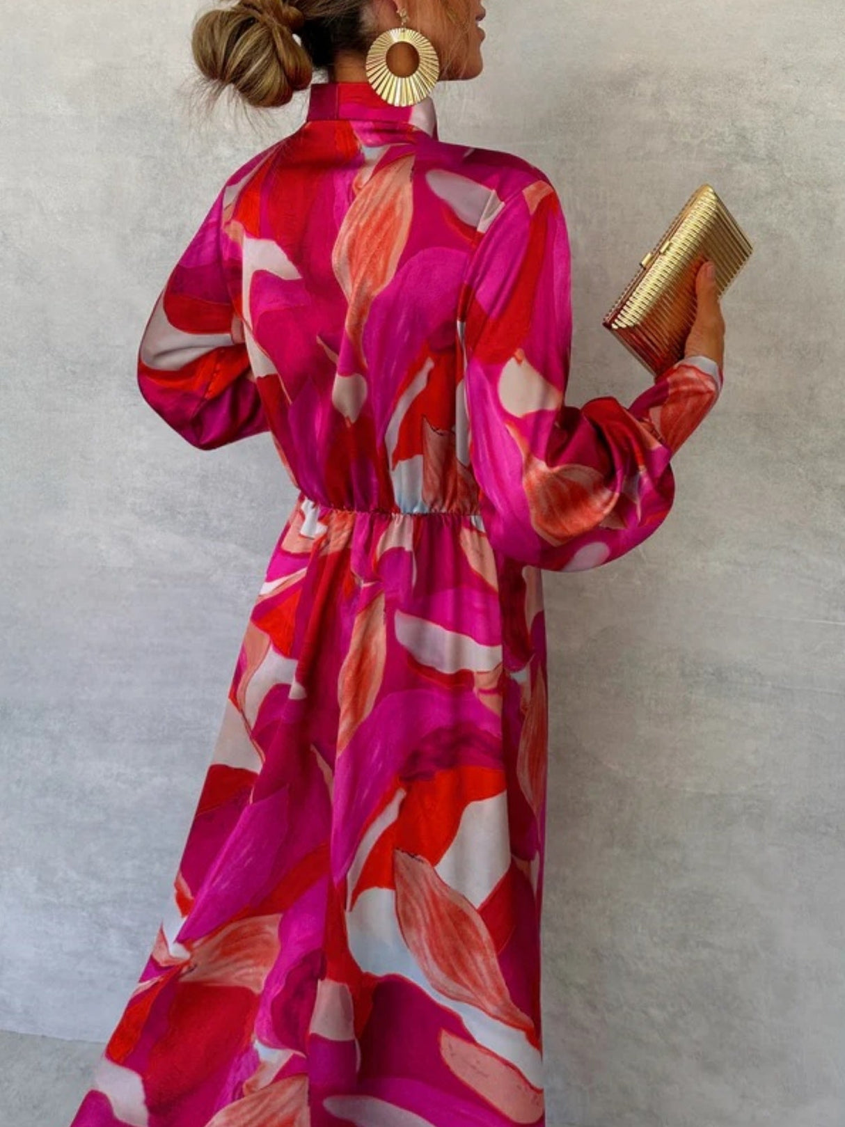 Floral Print V-neck Long Sleeve Lace-up Forks Maxi Dresses