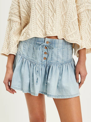 Denim Button Tie High-waisted A-line Pleated Skirt