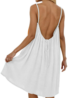 Ice Silk Linen Backless Halter Solid Color Midi Dress