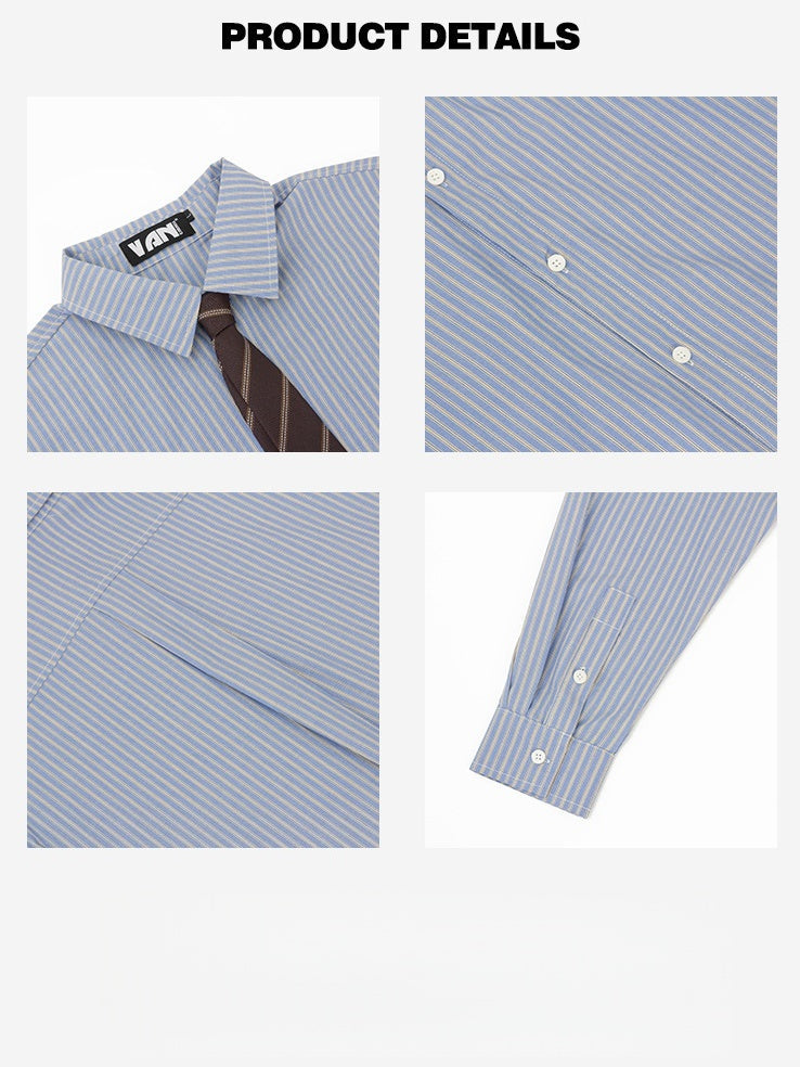 College Style Blue And White Stripes Loose Tie Long-sleeved Shirt