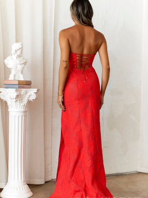 Liber Autumn women's prints Sweetheart Collar High-slit tube-top long dress