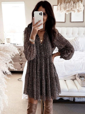 Leopard Print Balloon Sleeve V-neck Full Skirt Mini&Short Dresses