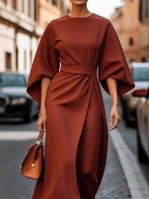 Solid Color Fitted Waist Dress, Casual Batwing Sleeve Long Skirt