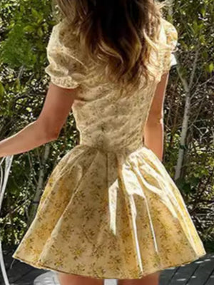 Floral Deep V-neck Waist Puffy Short-sleeved Pleated Mini&Short Dresses