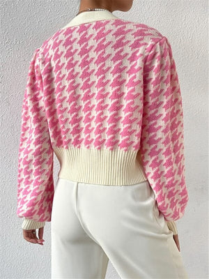 Houndstooth Balloon Sleeve Knitted Cardigan Sweater