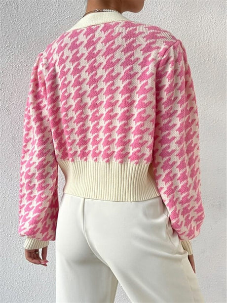 Houndstooth Balloon Sleeve Knitted Cardigan Sweater