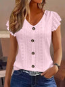 Jacquard Hollow Out Lotus Leaf Sleeves Buttons Crew Neck T-shirts
