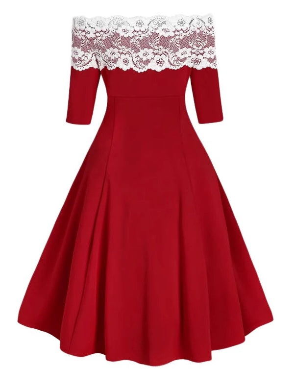 Christmas Off Shoulder Lace Stitching Trim Grace Full Skirt Dress