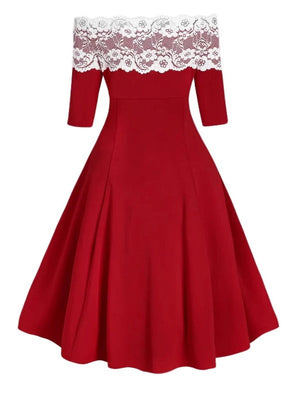 Christmas Off Shoulder Lace Stitching Trim Grace Full Skirt Dress