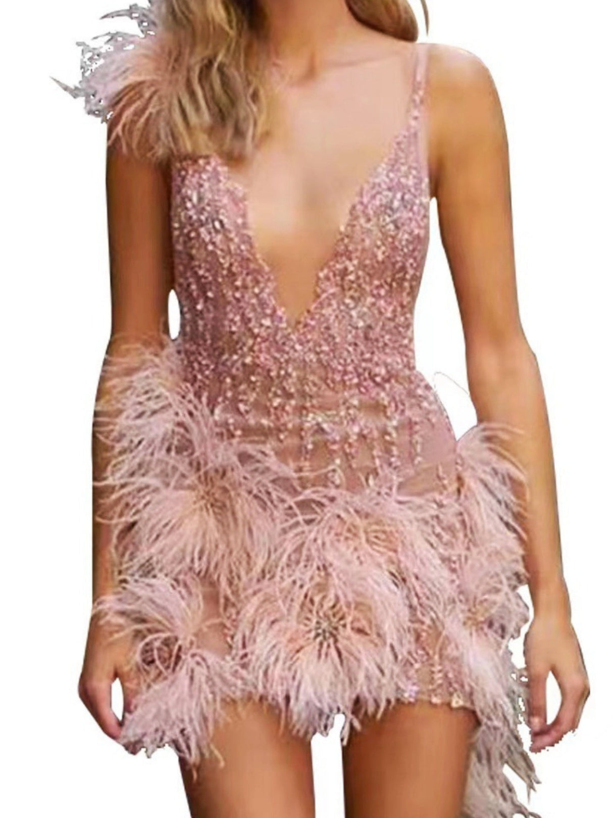 Feather Spaghetti Strap Mini Skirt Deep V-neck Sexy Party Perspective Mini&Short Dresses