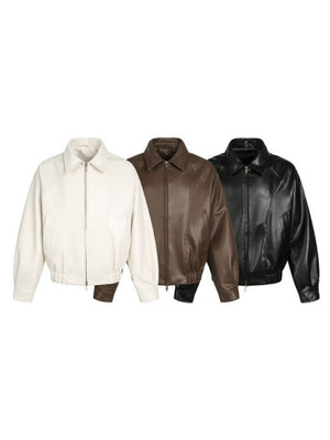Solid Color Cleanfit Short Leather Jacket Lapel Jacket