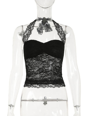 Lace Halter Neck Strap Pleated Backless Tank Tops