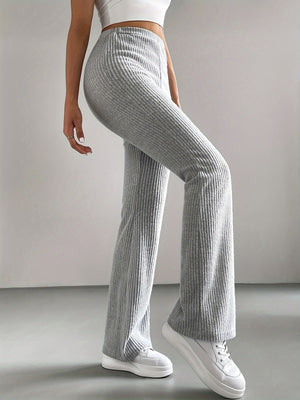 Ribbed Knit Flared Pants Solid Color Casual Pants Slim Fit Yoga Pants