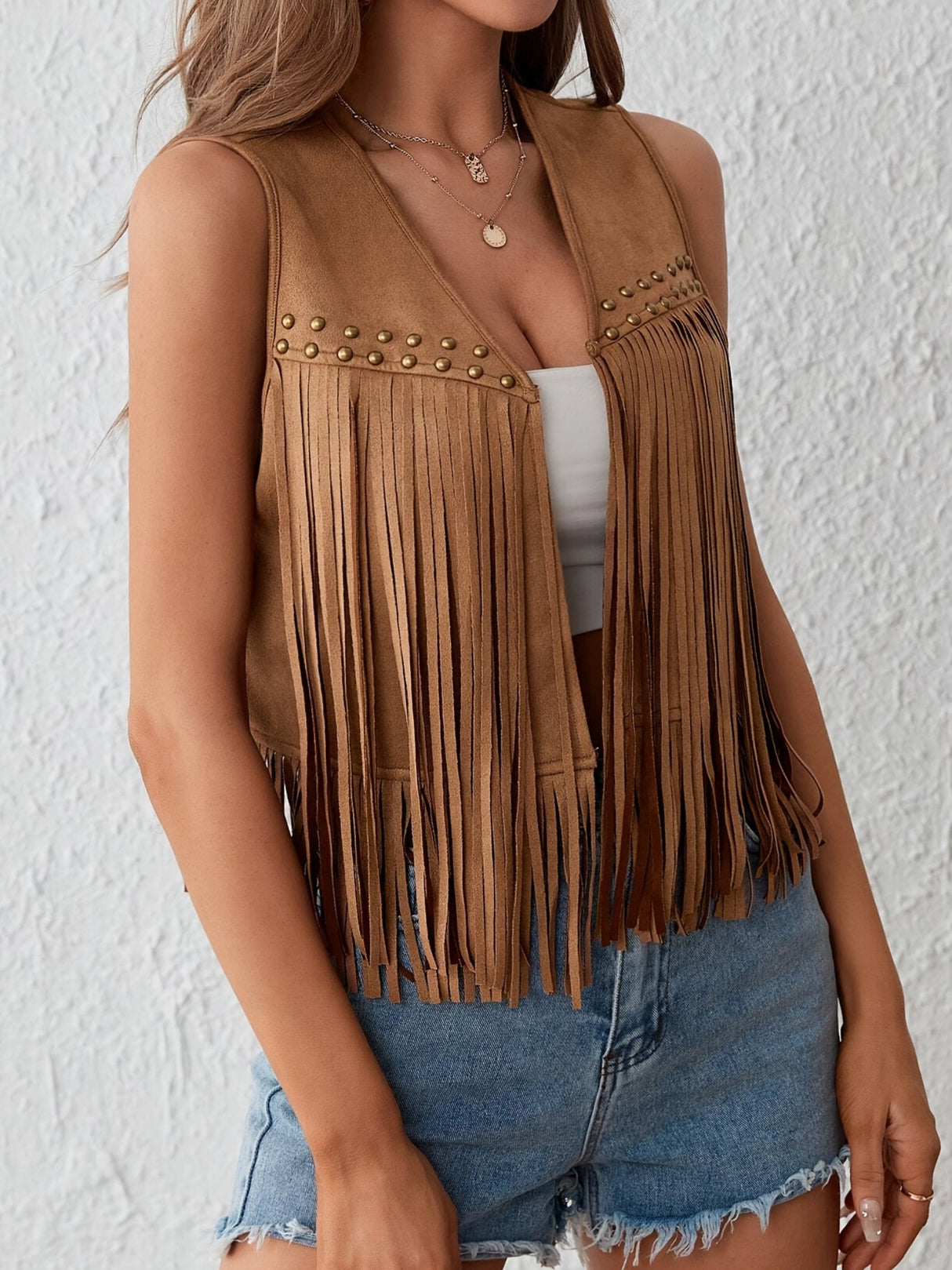 Imitation Suede Tassel Studs Sleeveless Vests