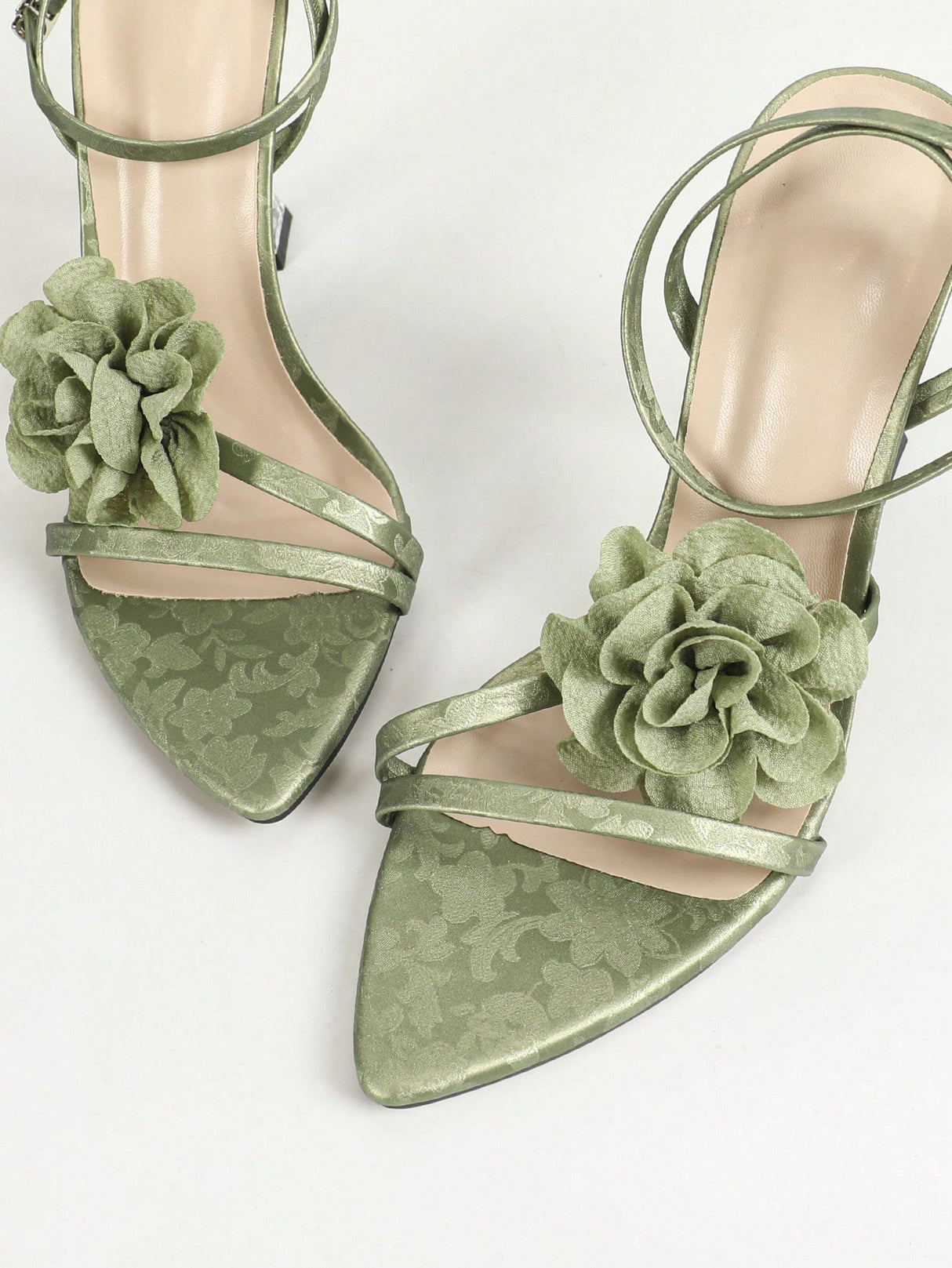 Emerald Green Floral Strap High-heeled Sandals