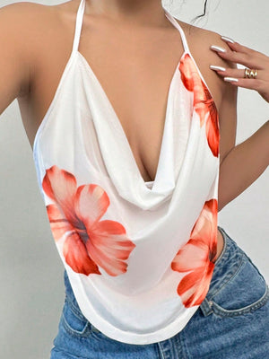 Resort-style Floral Print Halter Neck Top