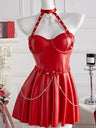 Patent Leather Hollowed-out Halter Neck Backless Chain Mini&Short Dresses