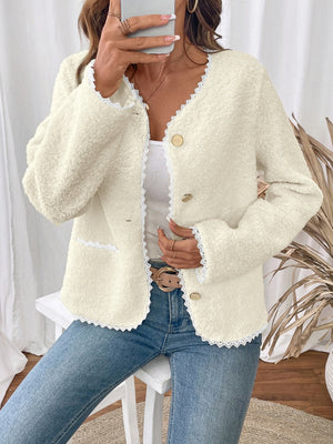 Splicing Buttons Off-white lace cardigan jacket