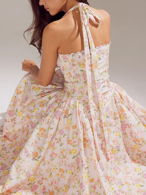 Lace Trim Floral Print Vacation Style Long Dress