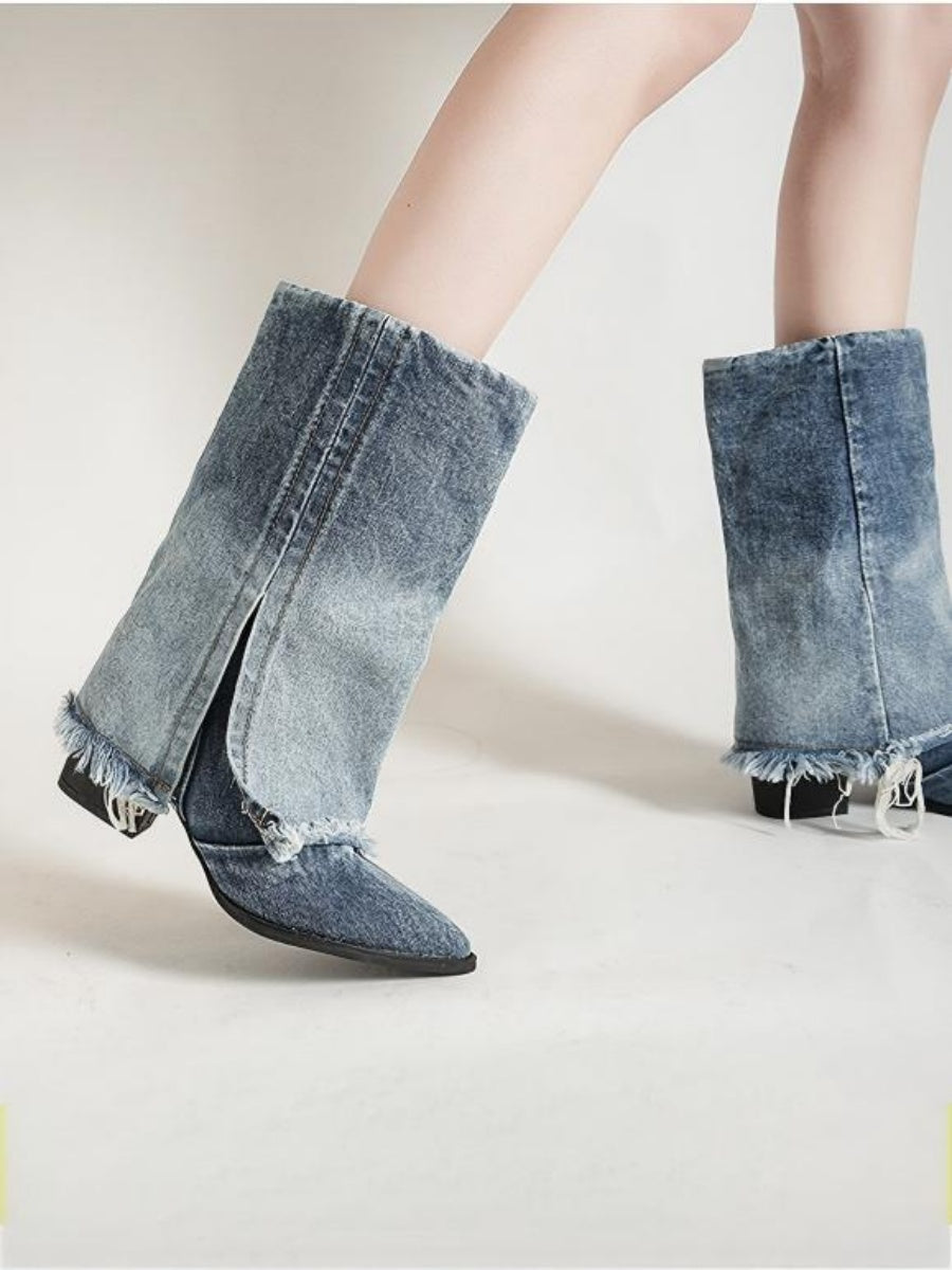 Blue Pointed-toe Denim Boots For Women