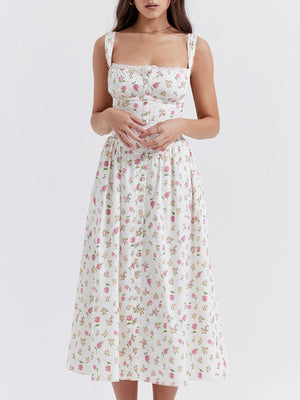 Floral Lace Trim Square Neck Suspenders Sweet Ribbon Maxi Dresses