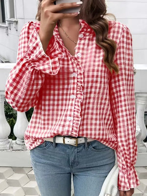 Stripes Ruffle Puff Sleeve Commuting Shirts