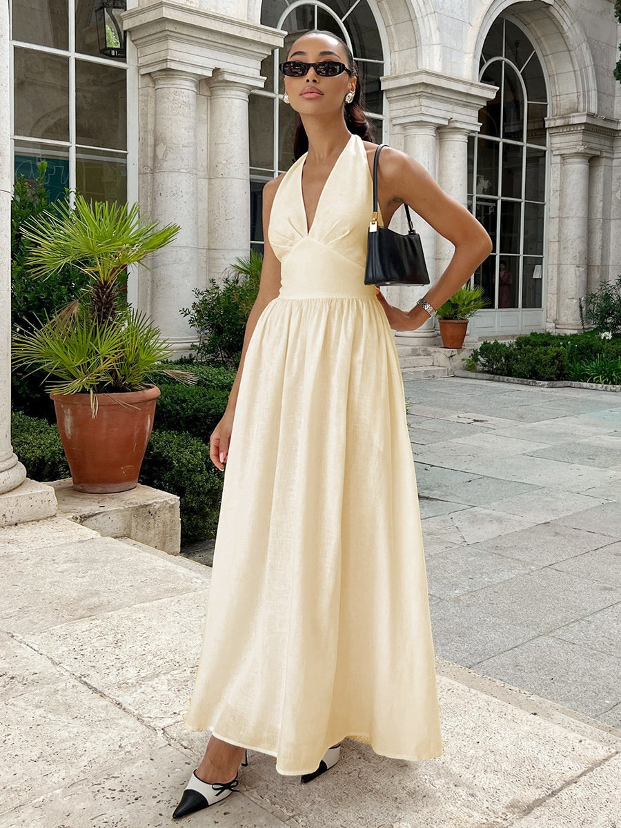 Halter V-neck Solid Color Maxi Dresses