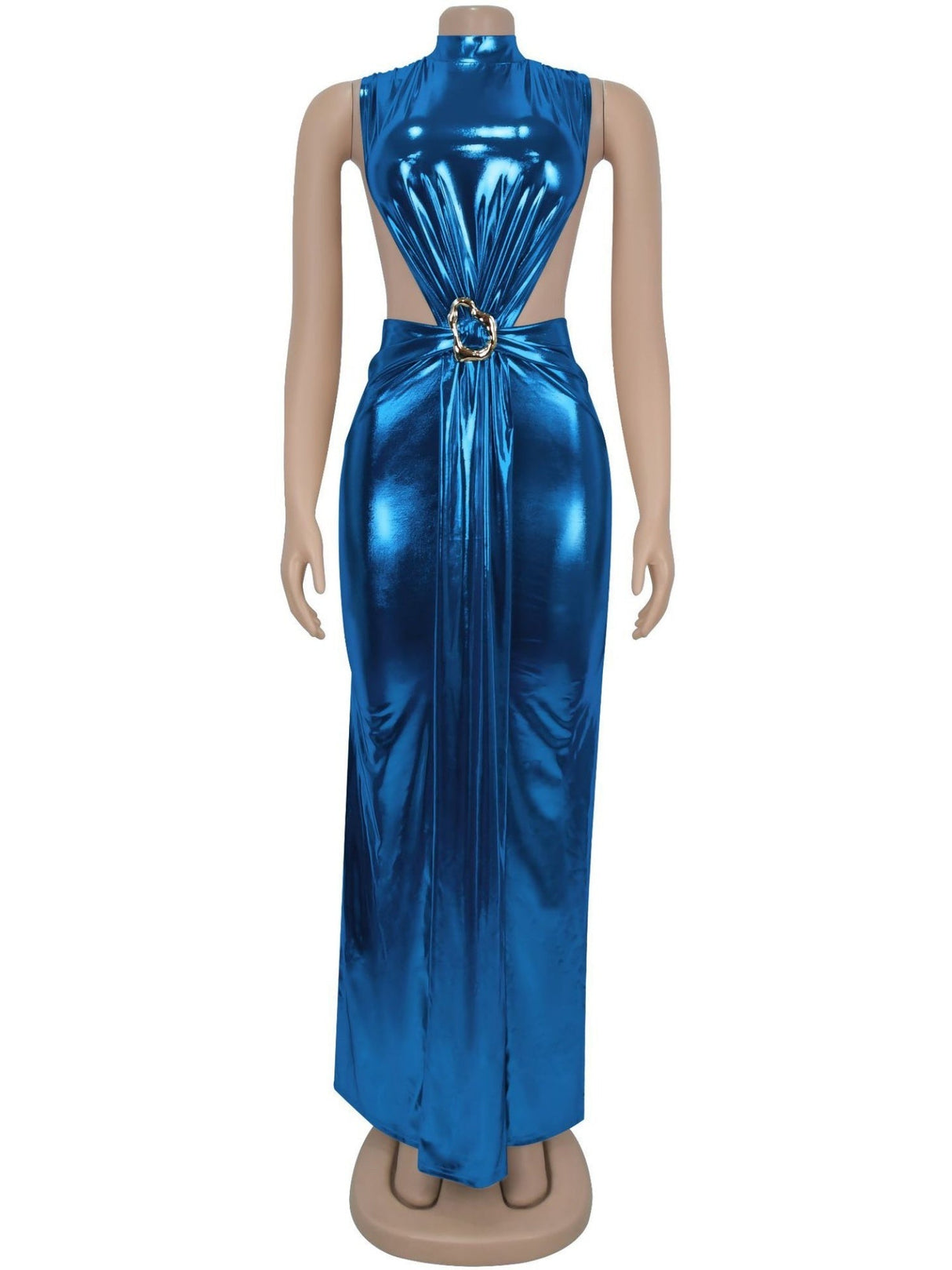 Abendkleid mit metallischem Glanz, hohem Kragen, Armband, ärmellos, mit Schlitz, Maxikleid