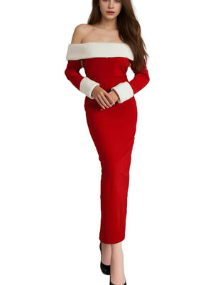 Christmas Plush Splicing Long Sleeves Off-the-shoulder Neckline Zipper Midi Dresses