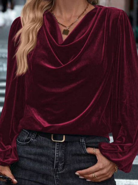 Pullover Collar Velvet Long Sleeve Pleated Grace Blouse